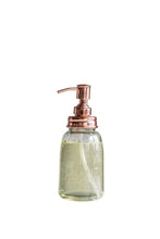 Load image into Gallery viewer, 3-1/4&quot; Round x 8&quot;H Metal &amp; Glass Mason Jar Soap Pump w/ Copper Finish